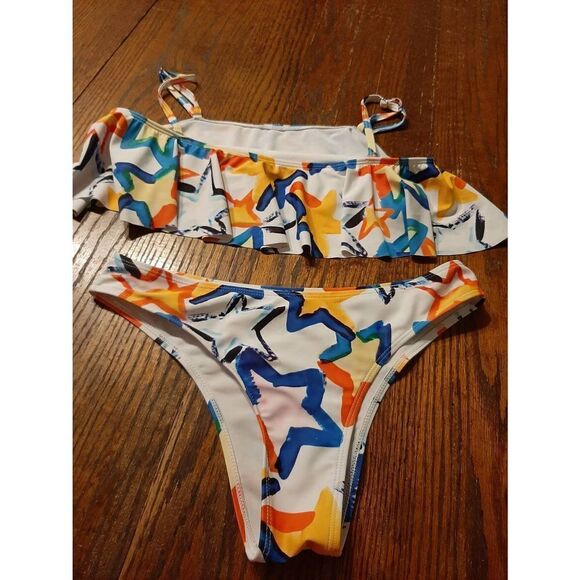 Medium Sexy Bikini Ruffle Top Multi-Color Star Swimsuit Bathing Suit Swimwear - Picture 1 of 2